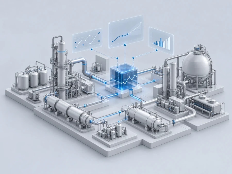 3D illustration of a process plant with columns, tanks and piping linked to a central glowing data cube and three chart panels