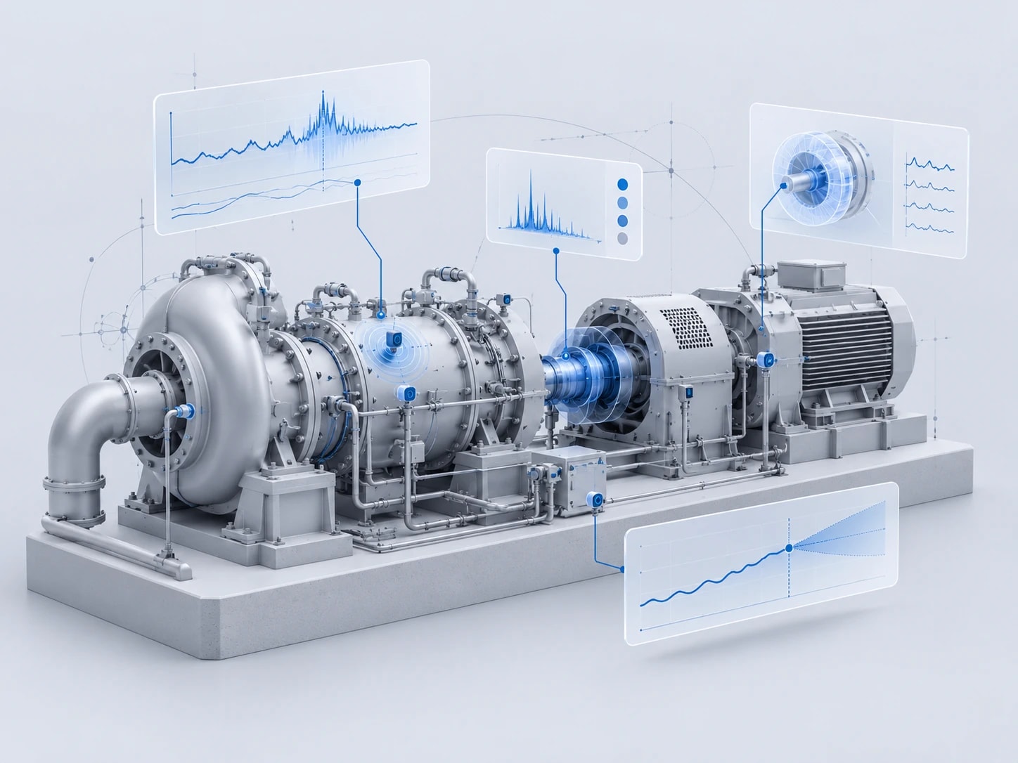 3D illustration of a pump, compressor and motor train with vibration and trend charts floating above it