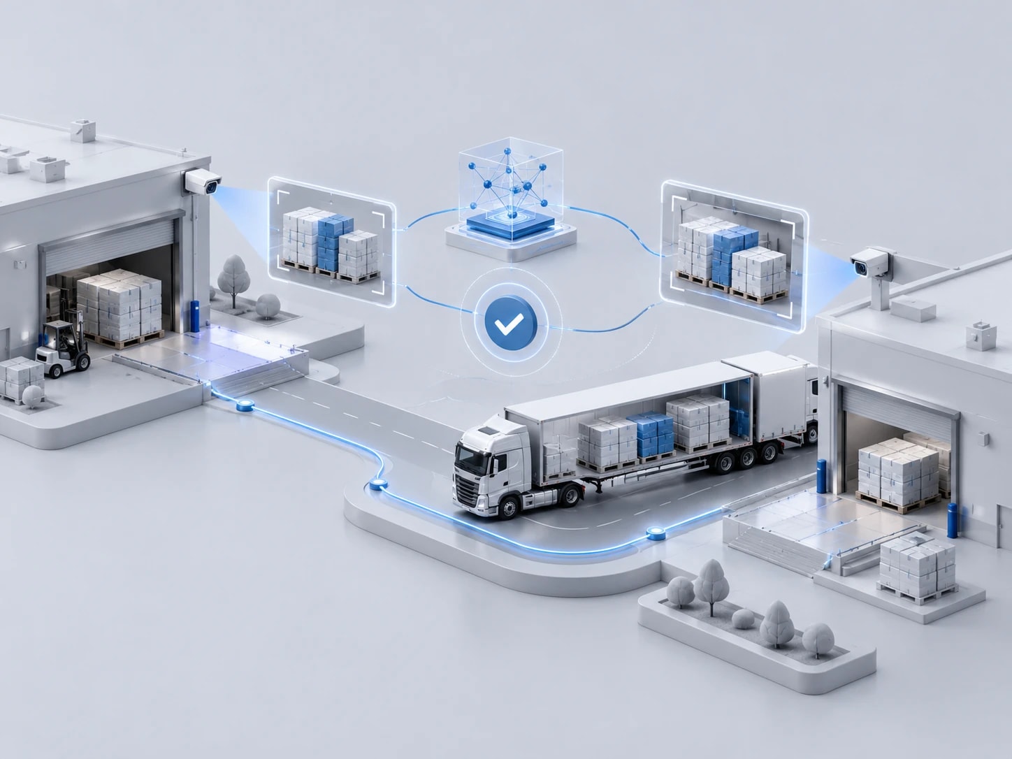 3D illustration of two warehouses and a truck on a connecting route, with a verified tick and cargo checks between them