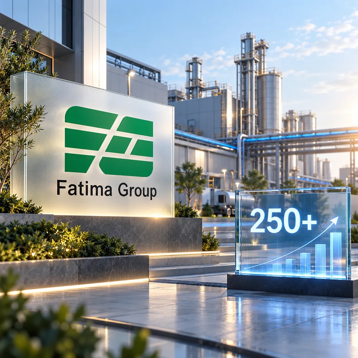 Fatima Group plant entrance sign beside a display showing 250+ AI opportunities assessed