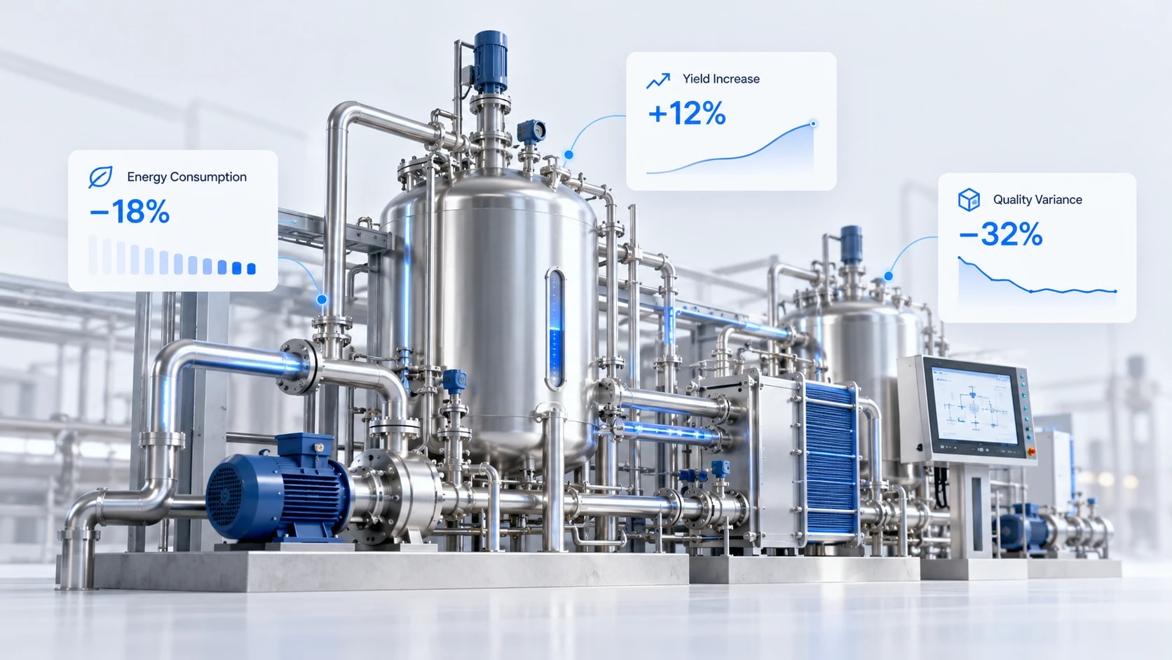 Process plant with AI dashboards showing energy consumption down 18%, yield up 12% and quality variance down 32%