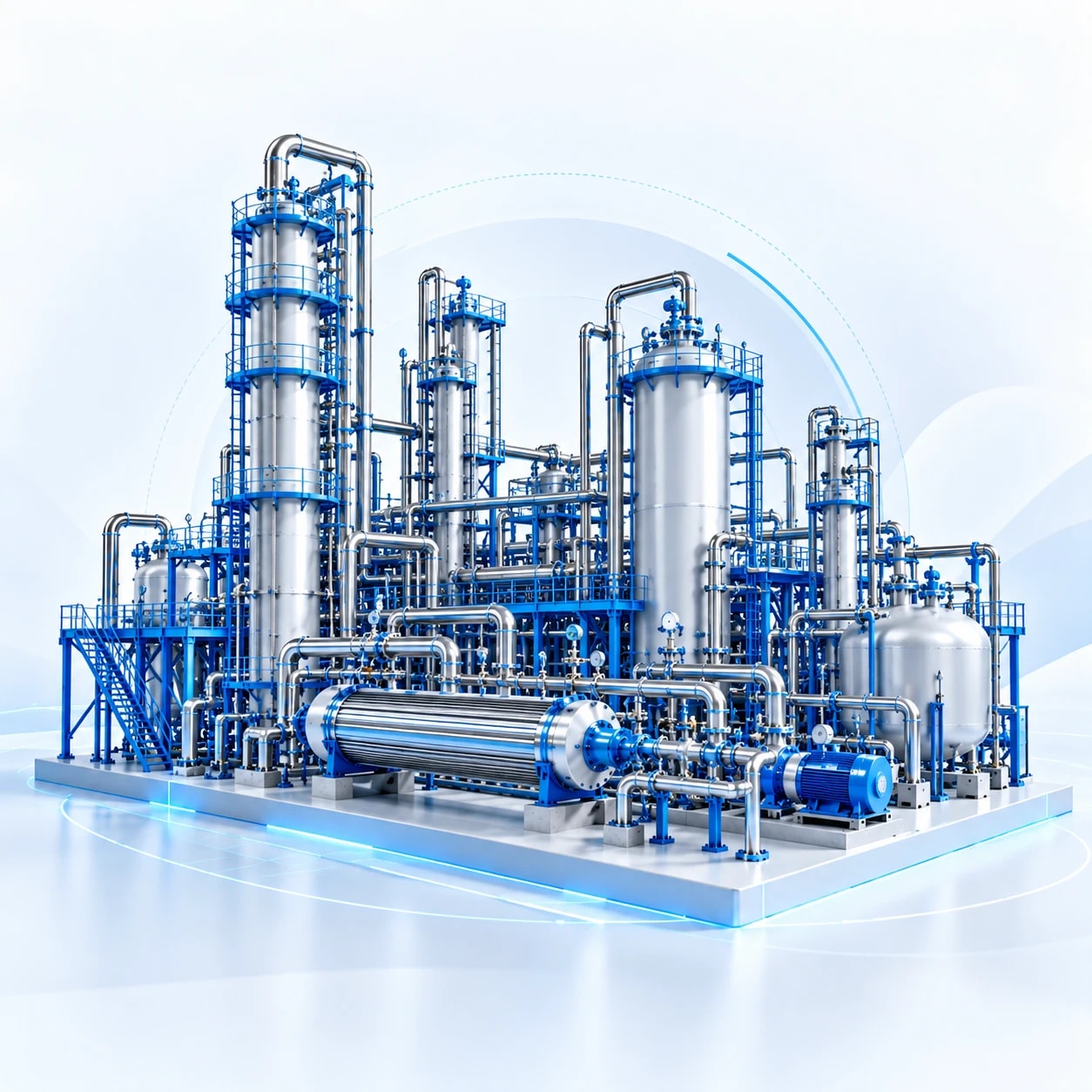 Chemical processing plant with distillation columns and heat exchanger