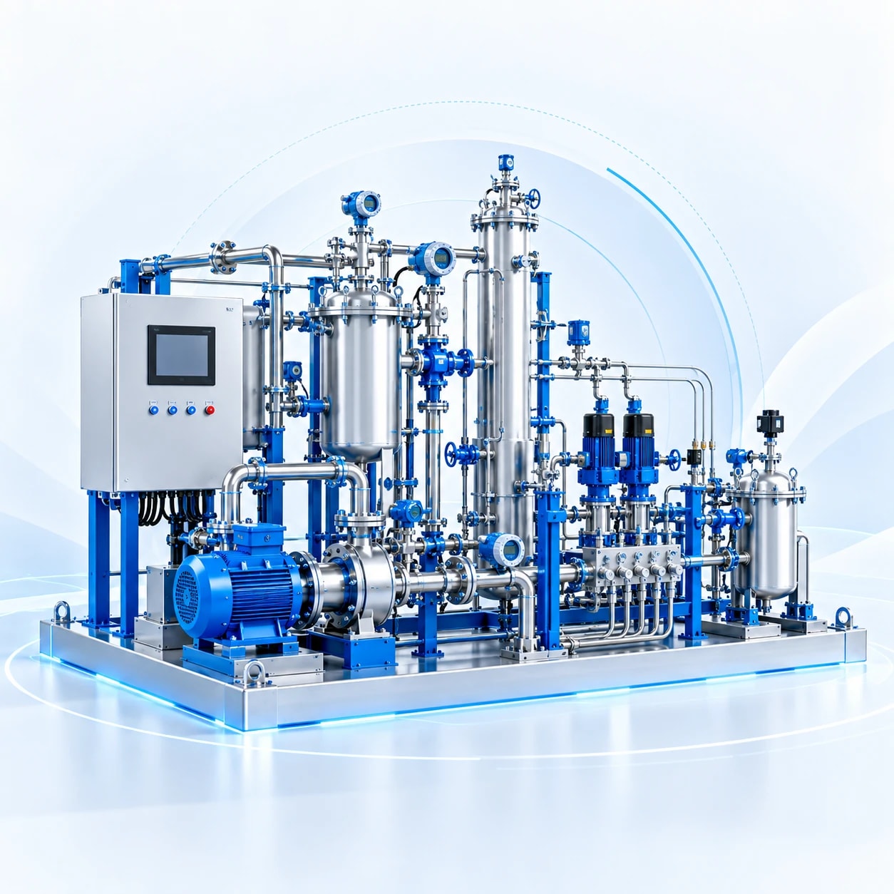 Industrial process skid with control panel, pumps, sensors and stainless steel vessels