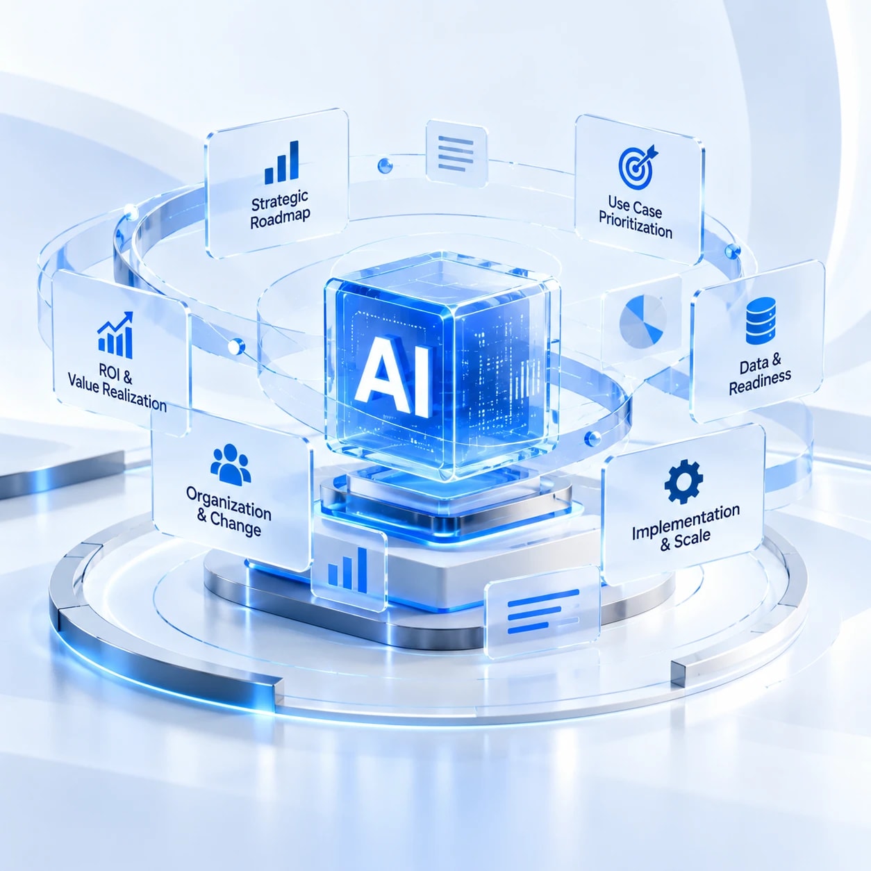 Glowing AI cube surrounded by strategy, data and implementation panels