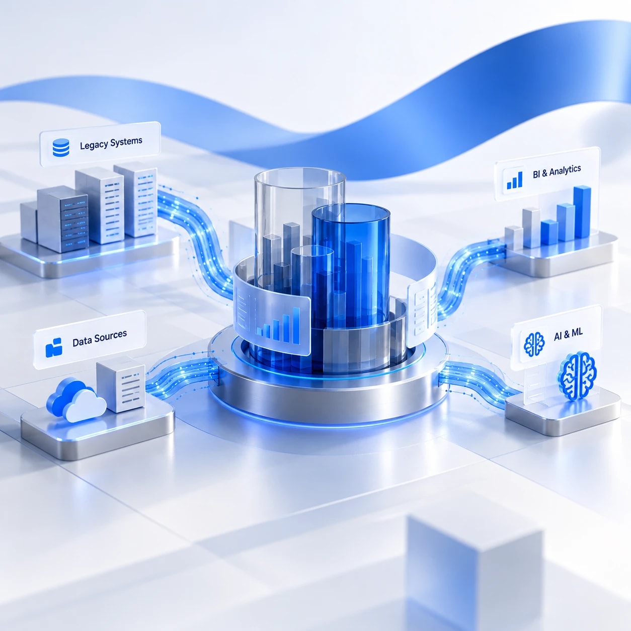 Light 3D scene of legacy systems and data sources feeding a central data platform that serves BI and analytics and AI and ML