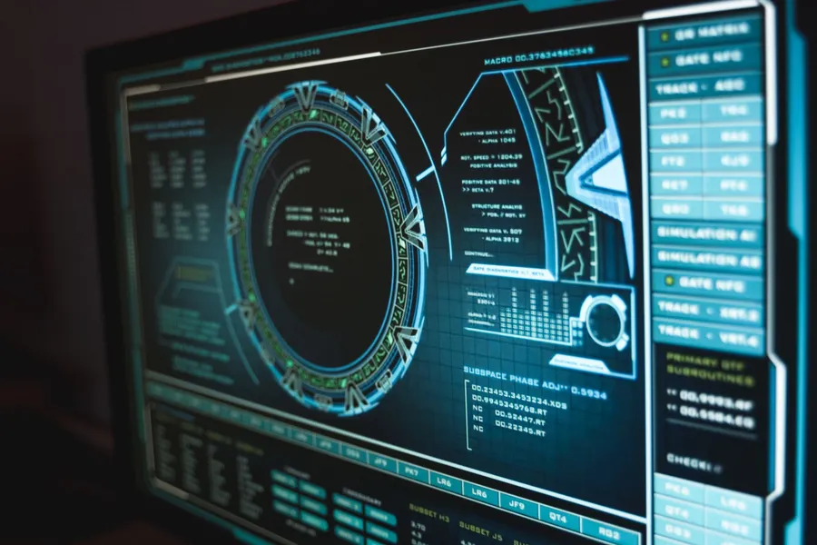 Control-room screen with a glowing circular data display and status panels