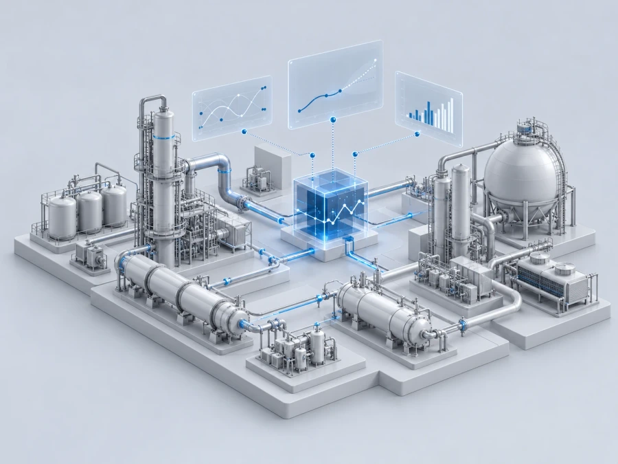 3D illustration of a process plant with columns, tanks and piping linked to a central glowing data cube and three chart panels