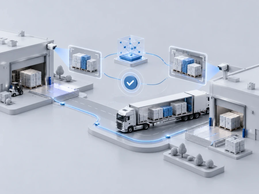3D illustration of two warehouses and a truck, with cameras comparing pallets at loading and unloading and a verified tick between them