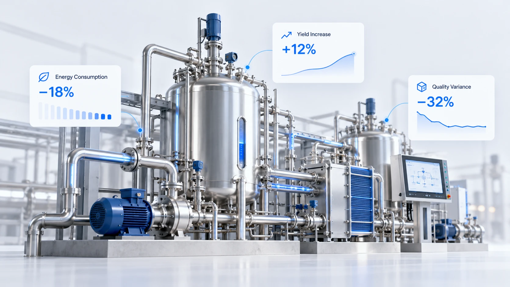Process plant with AI dashboards showing energy consumption down 18%, yield up 12% and quality variance down 32%