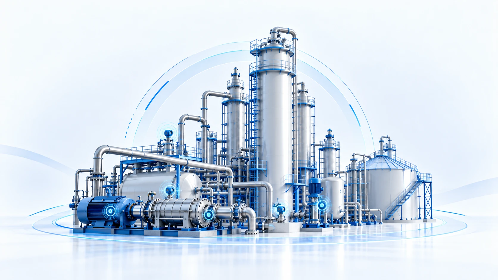 Industrial plant with connected sensors on pumps and process vessels for predictive maintenance